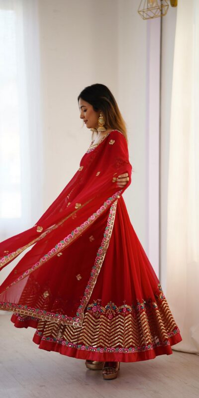 Red Georgette Multi Thread Work Gown | Jump Suits, Salwar suit, Casual Suits, Creative suits, Designer Suits, Palazzo Suits, Party Wear Suits, Patiala Suits, Straight Suits
