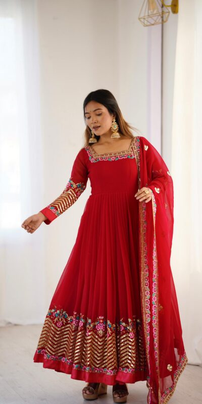Red Georgette Multi Thread Work Gown | Jump Suits, Salwar suit, Casual Suits, Creative suits, Designer Suits, Palazzo Suits, Party Wear Suits, Patiala Suits, Straight Suits