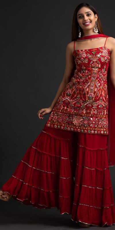 Red Georgette Sharara Suit with Mirror Work | Salwar suit, Casual Suits, Creative suits, Designer Suits, Palazzo Suits, Party Wear Suits, Straight Suits