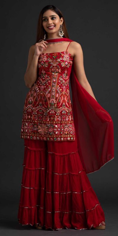Red Georgette Sharara Suit with Mirror Work | Salwar suit, Casual Suits, Creative suits, Designer Suits, Palazzo Suits, Party Wear Suits, Straight Suits