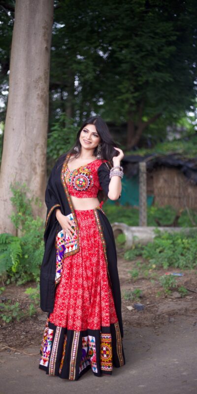 Red Pure Cotton With Gamthi Work Lehenga Choli | Lehenga, Bollywood Lehenga, Creative Lehenga, Designer Lehenga, Embroidered Lehenga, Party Wear Lehenga