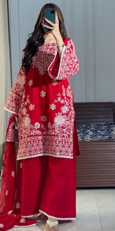 Red Roman Silk Embroidery Work Salwar Suit | Jump Suits, Tops & Bottoms, Track Suits, Salwar suit, Casual Suits, Creative suits, Designer Suits, Palazzo Suits, Party Wear Suits, Patiala Suits, Straight Suits, Trendy Wear