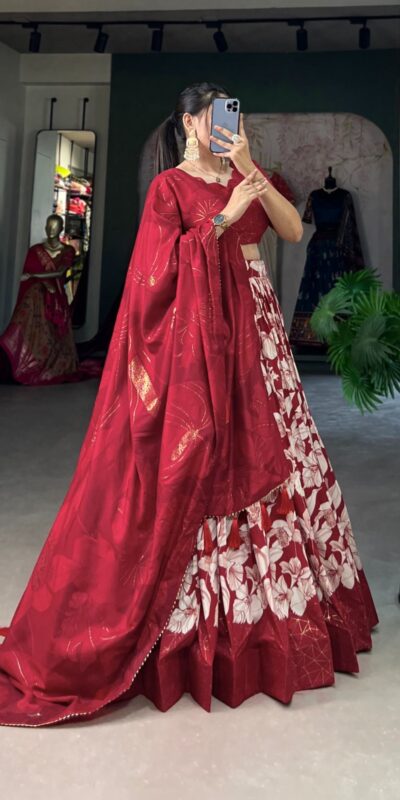 Red Tasar Silk Floral Print With Foil Print Lehenga Choli | Lehenga, Bollywood Lehenga, Creative Lehenga, Designer Lehenga, Embroidered Lehenga, Party Wear Lehenga
