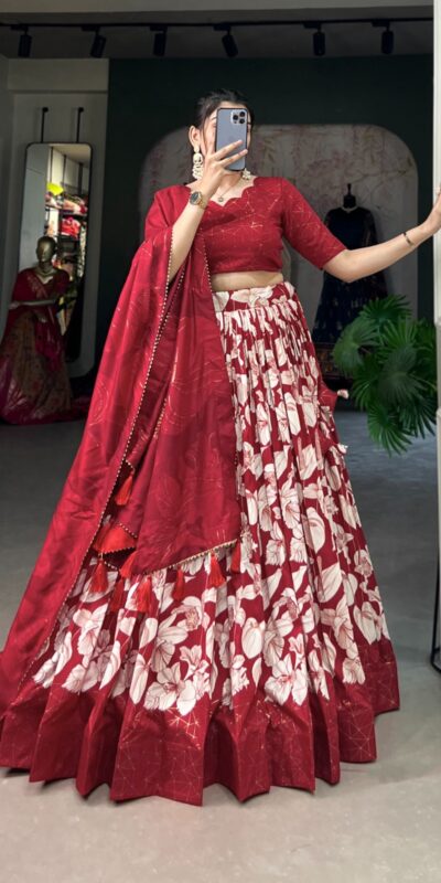 Red Tasar Silk Floral Print With Foil Print Lehenga Choli | Lehenga, Bollywood Lehenga, Creative Lehenga, Designer Lehenga, Embroidered Lehenga, Party Wear Lehenga