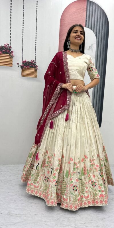 Red Tissue Silk Lace Thread Work Lehenga Choli | Lehenga, Bollywood Lehenga, Creative Lehenga, Designer Lehenga, Embroidered Lehenga, Party Wear Lehenga