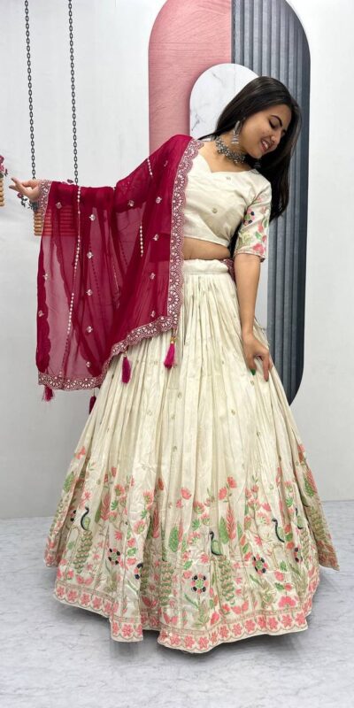Red Tissue Silk Lace Thread Work Lehenga Choli | Lehenga, Bollywood Lehenga, Creative Lehenga, Designer Lehenga, Embroidered Lehenga, Party Wear Lehenga