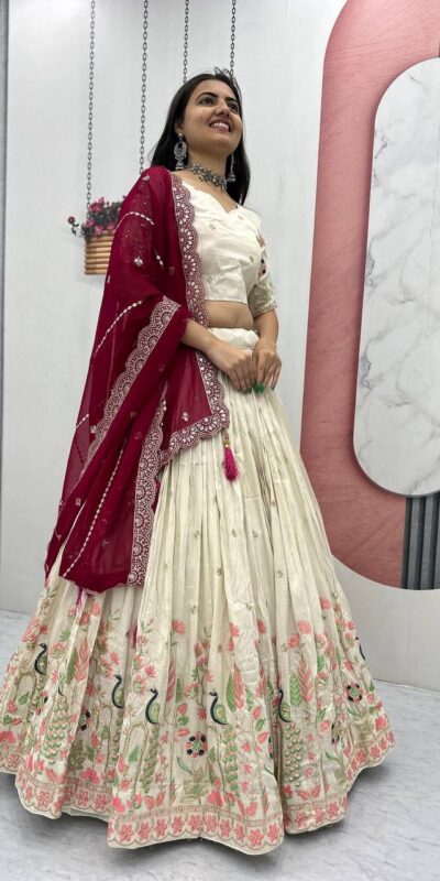 Red Tissue Silk Lace Thread Work Lehenga Choli | Lehenga, Bollywood Lehenga, Creative Lehenga, Designer Lehenga, Embroidered Lehenga, Party Wear Lehenga