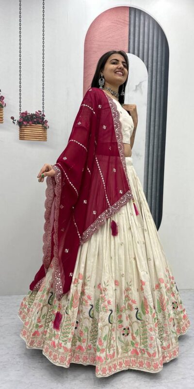 Red Tissue Silk Lace Thread Work Lehenga Choli | Lehenga, Bollywood Lehenga, Creative Lehenga, Designer Lehenga, Embroidered Lehenga, Party Wear Lehenga