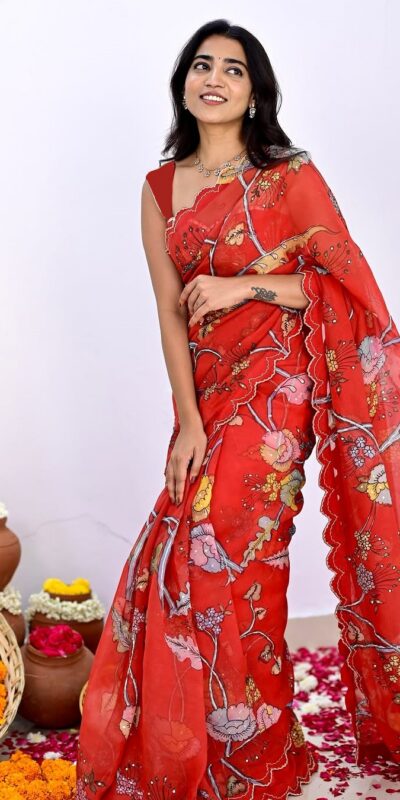 Red Vichitra Silk Digital Prints Mirror Sequence Work Saree | Sarees, Bollywood Sarees, Creative Sarees, Designer Sarees, Embroidered Sarees, Ethnic Saree, Modern Digital sarees, Party Wear Sarees