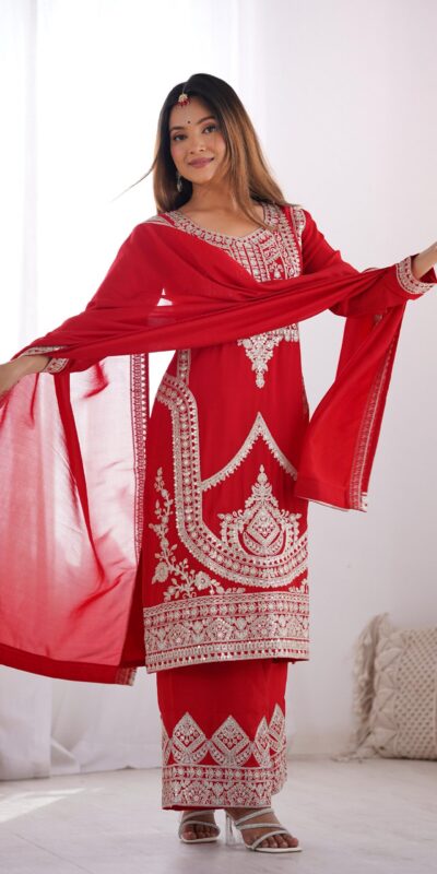 Red Vichitra Silk Embroidery Sequence Salwar Suit | Jump Suits, Salwar suit, Casual Suits, Creative suits, Designer Suits, Palazzo Suits, Party Wear Suits, Patiala Suits, Straight Suits