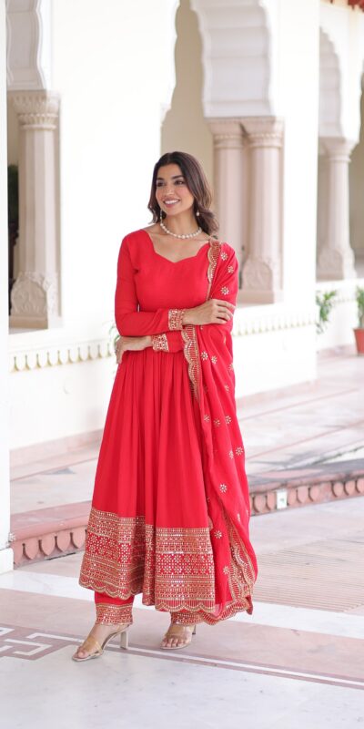 Red Vichitra Silk Embroidery Sequins Work Gown | Gowns, Bollywood Gowns, Creative Gowns, Designer Gowns, Embroidered Gowns, Party Wear Gowns