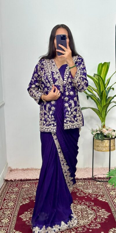 Royal Blue Chinon Embroidery Work Koti And Saree | Sarees, Bollywood Sarees, Creative Sarees, Designer Sarees, Embroidered Sarees, Ethnic Saree, Modern Digital sarees, Party Wear Sarees