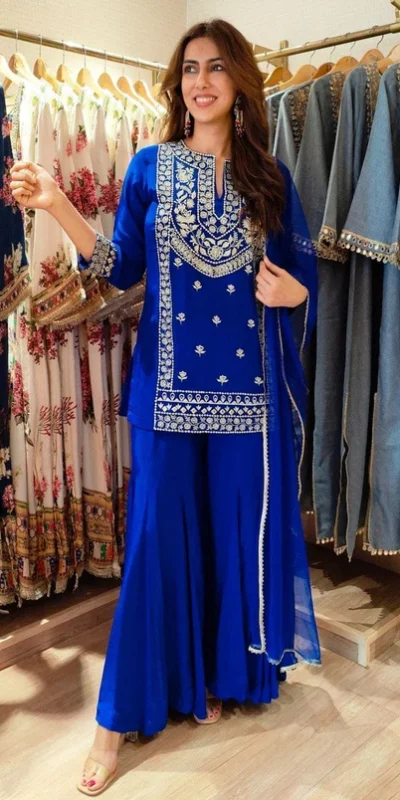 Royal Blue Faux Georgette Intricate Thread Work Salwar Suit | Jump Suits, Salwar suit, Casual Suits, Creative suits, Designer Suits, Palazzo Suits, Party Wear Suits, Patiala Suits, Straight Suits