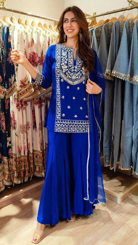 Royal Blue Faux Georgette Intricate Thread Work Salwar Suit | Jump Suits, Salwar suit, Casual Suits, Creative suits, Designer Suits, Palazzo Suits, Party Wear Suits, Patiala Suits, Straight Suits