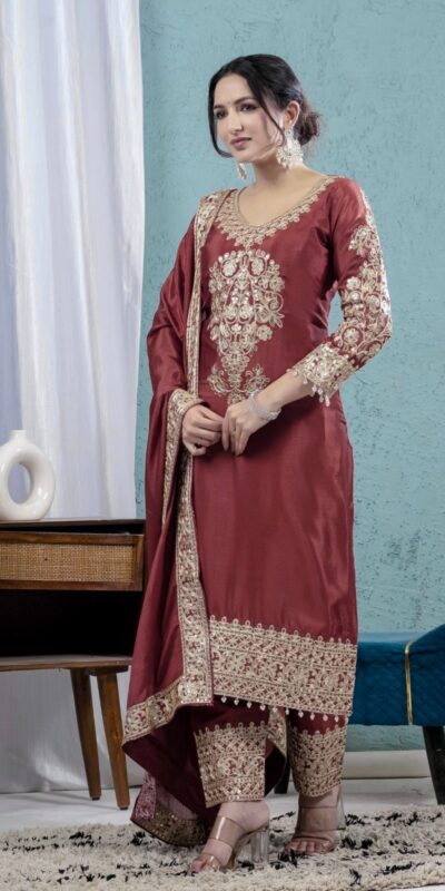Rust Chinon Silk Lace Embroidery Work Salwar Suit | Jump Suits, Salwar suit, Casual Suits, Creative suits, Designer Suits, Palazzo Suits, Party Wear Suits, Patiala Suits, Straight Suits