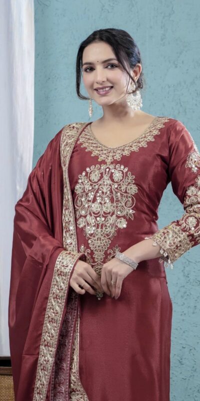Rust Chinon Silk Lace Embroidery Work Salwar Suit | Jump Suits, Salwar suit, Casual Suits, Creative suits, Designer Suits, Palazzo Suits, Party Wear Suits, Patiala Suits, Straight Suits