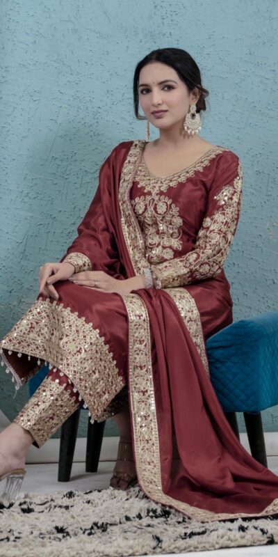 Rust Chinon Silk Lace Embroidery Work Salwar Suit | Jump Suits, Salwar suit, Casual Suits, Creative suits, Designer Suits, Palazzo Suits, Party Wear Suits, Patiala Suits, Straight Suits
