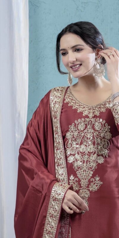 Rust Chinon Silk Lace Embroidery Work Salwar Suit | Jump Suits, Salwar suit, Casual Suits, Creative suits, Designer Suits, Palazzo Suits, Party Wear Suits, Patiala Suits, Straight Suits