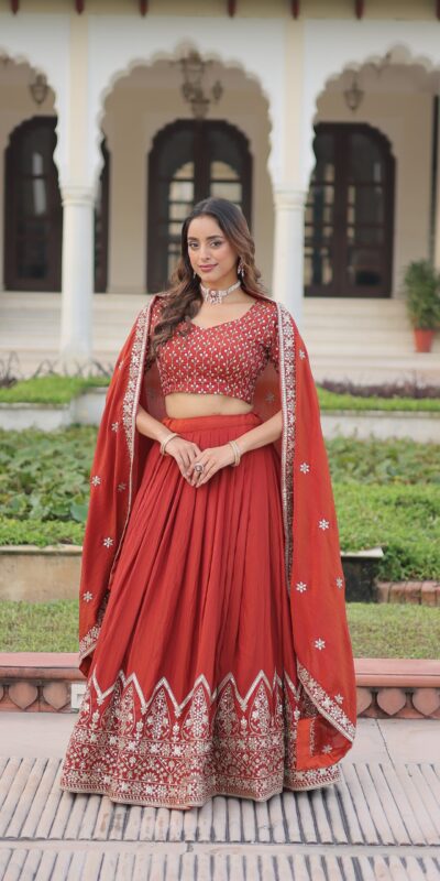 Rust Vichitra Silk Sequins Work Lehenga Choli | Lehenga, Bollywood Lehenga, Creative Lehenga, Designer Lehenga, Embroidered Lehenga, Party Wear Lehenga