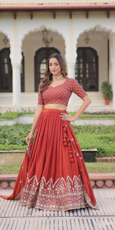 Rust Vichitra Silk Sequins Work Lehenga Choli | Lehenga, Bollywood Lehenga, Creative Lehenga, Designer Lehenga, Embroidered Lehenga, Party Wear Lehenga