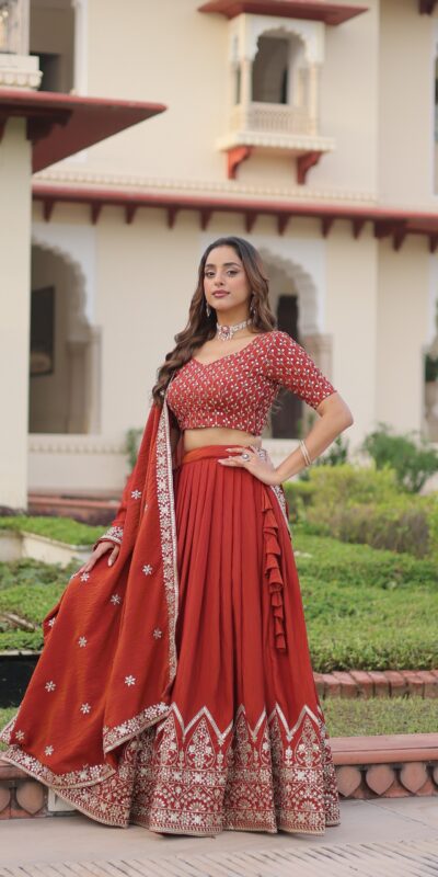 Rust Vichitra Silk Sequins Work Lehenga Choli | Lehenga, Bollywood Lehenga, Creative Lehenga, Designer Lehenga, Embroidered Lehenga, Party Wear Lehenga
