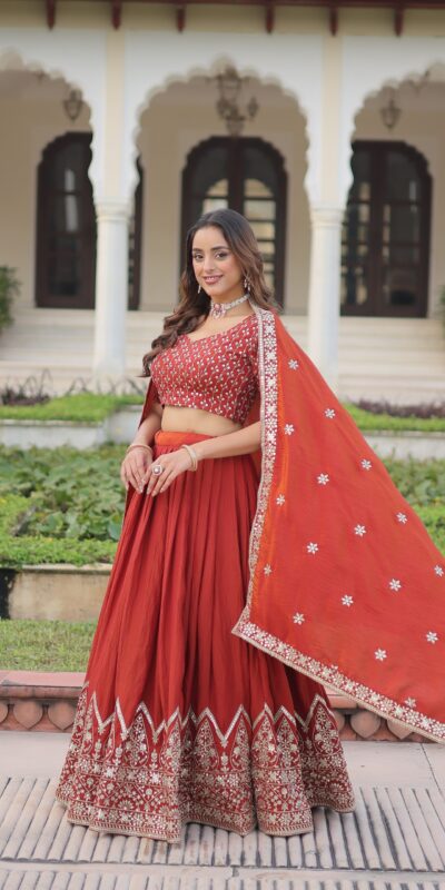 Rust Vichitra Silk Sequins Work Lehenga Choli | Lehenga, Bollywood Lehenga, Creative Lehenga, Designer Lehenga, Embroidered Lehenga, Party Wear Lehenga