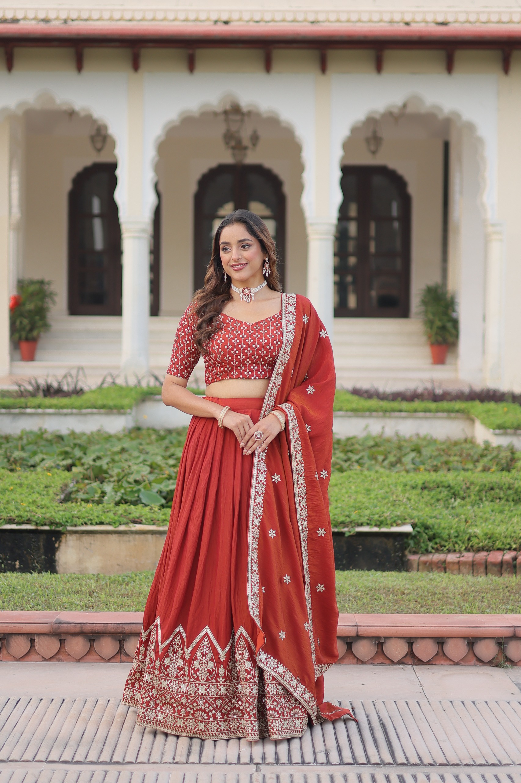 Rust Vichitra Silk Sequins Work Lehenga Choli | Lehenga, Bollywood Lehenga, Creative Lehenga, Designer Lehenga, Embroidered Lehenga, Party Wear Lehenga