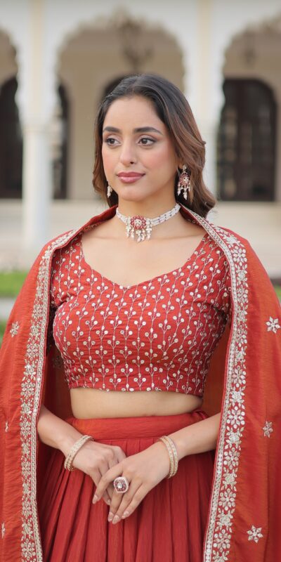Rust Vichitra Silk Sequins Work Lehenga Choli | Lehenga, Bollywood Lehenga, Creative Lehenga, Designer Lehenga, Embroidered Lehenga, Party Wear Lehenga