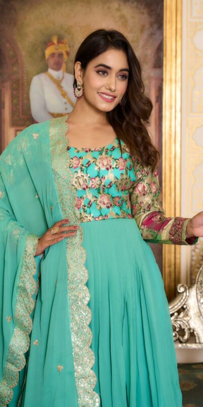 Sea Green Faux Fox Georgette Embroider Zecard Work Gown | Gowns, Bollywood Gowns, Creative Gowns, Designer Gowns, Embroidered Gowns, Party Wear Gowns, Straight Suits