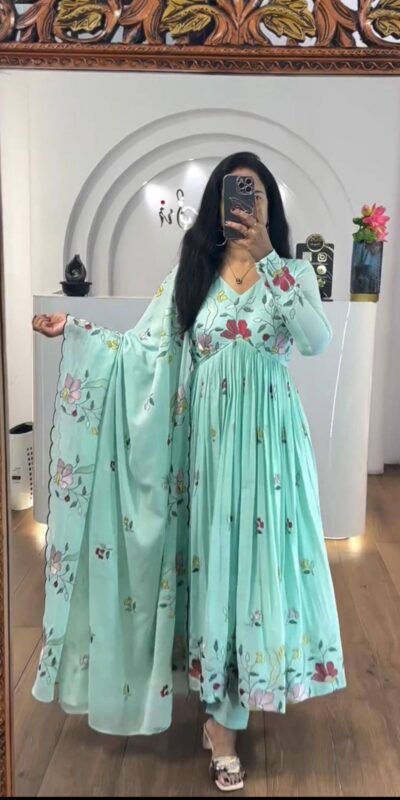 Sea Green Fox Georgette With Thread Embroidery Gown | Jump Suits, Salwar suit, Casual Suits, Creative suits, Designer Suits, Palazzo Suits, Party Wear Suits, Patiala Suits, Straight Suits