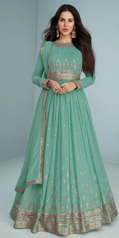 Sea Green Georgette Embroidery Work Salwar Suit | Jump Suits, Salwar suit, Casual Suits, Creative suits, Designer Suits, Palazzo Suits, Party Wear Suits, Patiala Suits, Straight Suits