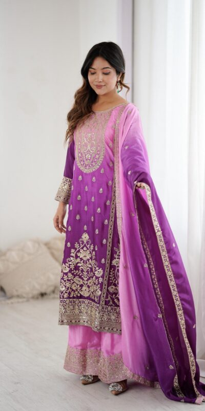 KD 1621 Purple Shaded Chinon silk Salwar Suit with Thread Embroidery. Festive Deal ₹2399. Delivery 4-6 Working Days. Shop now. | Jump Suits, Salwar suit, Casual Suits, Creative suits, Designer Suits, Palazzo Suits, Party Wear Suits, Patiala Suits, Straight Suits