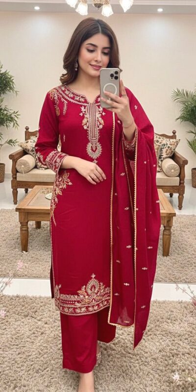 Shiny Red Roman Silk Embroidery Work Salwar Suit | Jump Suits, Salwar suit, Casual Suits, Creative suits, Designer Suits, Palazzo Suits, Party Wear Suits, Patiala Suits, Straight Suits