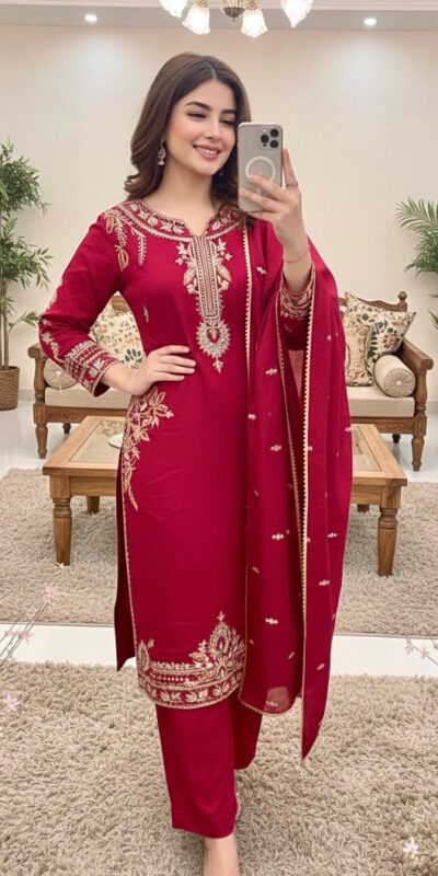 Shiny Red Roman Silk Embroidery Work Salwar Suit | Jump Suits, Salwar suit, Casual Suits, Creative suits, Designer Suits, Palazzo Suits, Party Wear Suits, Patiala Suits, Straight Suits