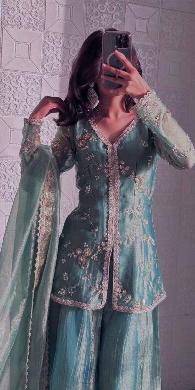 Sky Blue Fandy Silk Sequins Work Salwar Suit | Jump Suits, Tops & Bottoms, Track Suits, Salwar suit, Casual Suits, Creative suits, Designer Suits, Palazzo Suits, Party Wear Suits, Patiala Suits, Straight Suits, Trendy Wear