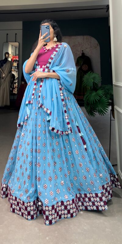 Sky Blue Georgette Mirror Work Lehenga Choli | Lehenga, Bollywood Lehenga, Creative Lehenga, Designer Lehenga, Embroidered Lehenga, Party Wear Lehenga
