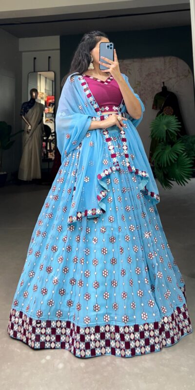 Sky Blue Georgette Mirror Work Lehenga Choli | Lehenga, Bollywood Lehenga, Creative Lehenga, Designer Lehenga, Embroidered Lehenga, Party Wear Lehenga