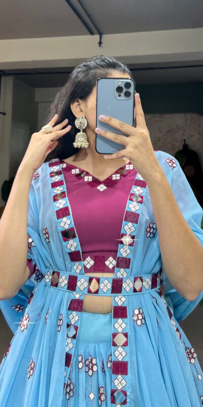 Sky Blue Georgette Mirror Work Lehenga Choli | Lehenga, Bollywood Lehenga, Creative Lehenga, Designer Lehenga, Embroidered Lehenga, Party Wear Lehenga