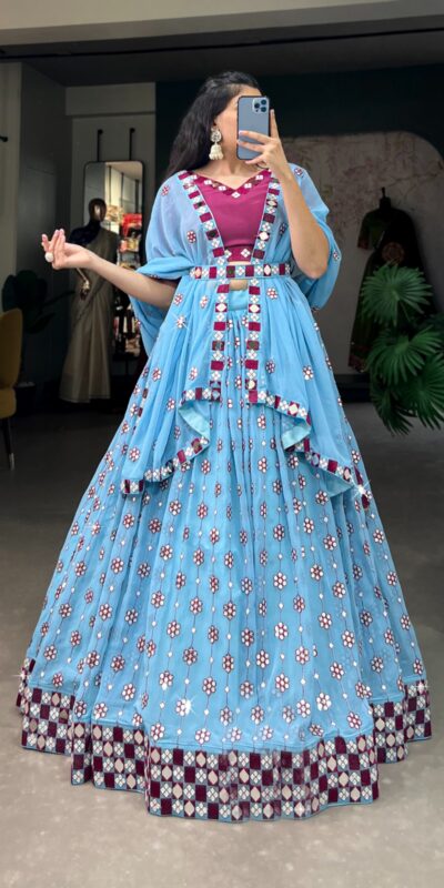 Sky Blue Georgette Mirror Work Lehenga Choli | Lehenga, Bollywood Lehenga, Creative Lehenga, Designer Lehenga, Embroidered Lehenga, Party Wear Lehenga
