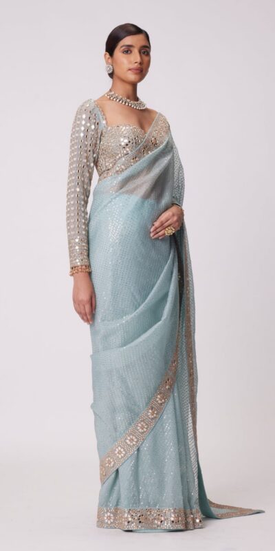 Sky Blue Georgette Sequins Saree | Sarees, Bollywood Sarees, Creative Sarees, Designer Sarees, Embroidered Sarees, Ethnic Saree, Modern Digital sarees, Party Wear Sarees