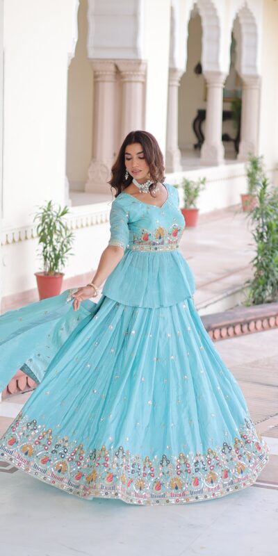 Sky Blue Gold Crush Embroidery Zari Work Lehenga Choli | Lehenga, Bollywood Lehenga, Creative Lehenga, Designer Lehenga, Embroidered Lehenga, Party Wear Lehenga