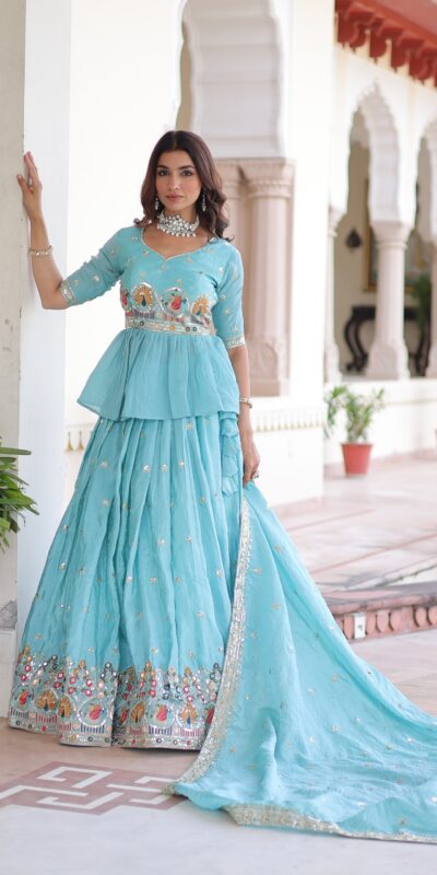 Sky Blue Gold Crush Embroidery Zari Work Lehenga Choli | Lehenga, Bollywood Lehenga, Creative Lehenga, Designer Lehenga, Embroidered Lehenga, Party Wear Lehenga