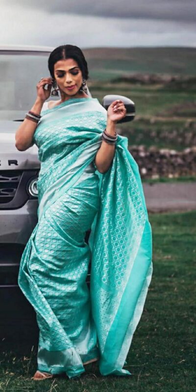 Sky Blue Lichi Silk Jacquard Saree | Sarees, Bollywood Sarees, Creative Sarees, Designer Sarees, Embroidered Sarees, Ethnic Saree, Modern Digital sarees, Party Wear Sarees
