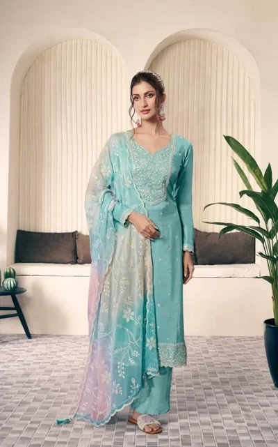 Sky Blue Vichitra Digital Print Embroidery Work Salwar Suit | Jump Suits, Salwar suit, Casual Suits, Creative suits, Designer Suits, Palazzo Suits, Party Wear Suits, Patiala Suits, Straight Suits