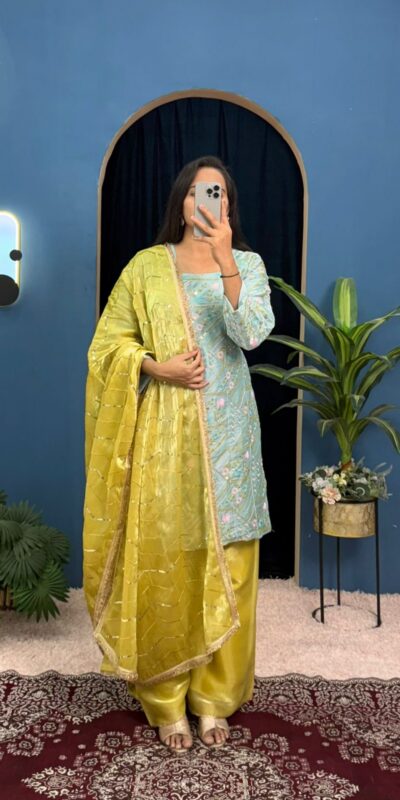 Sky Blue Zimmy Silk Sequence Work Salwar Suit | Jump Suits, Salwar suit, Casual Suits, Creative suits, Designer Suits, Palazzo Suits, Party Wear Suits, Patiala Suits, Straight Suits