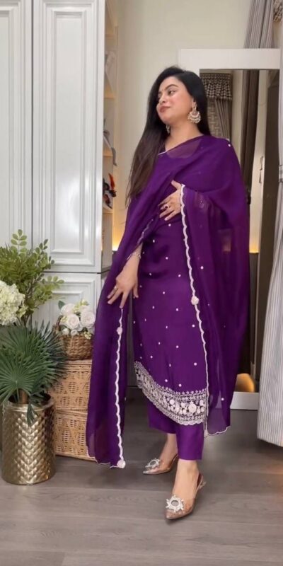 Solid Purple Chinon Silk Embroidery Work Sawlar Suit | Jump Suits, Salwar suit, Casual Suits, Creative suits, Designer Suits, Palazzo Suits, Party Wear Suits, Patiala Suits, Straight Suits
