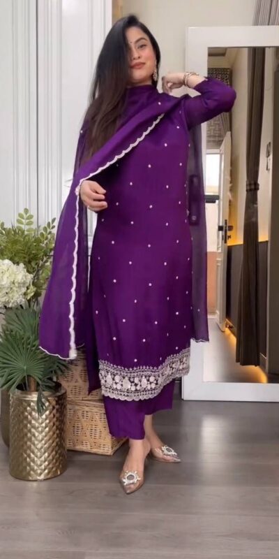Solid Purple Chinon Silk Embroidery Work Sawlar Suit | Jump Suits, Salwar suit, Casual Suits, Creative suits, Designer Suits, Palazzo Suits, Party Wear Suits, Patiala Suits, Straight Suits
