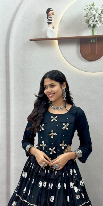 Ram 181 Black Color Pure Cotton Lehenga Choli with Cowrie Work. Festive Deal ₹2649. Delivery 4-6 Working Days. Online Shop now. | Lehenga, Bollywood Lehenga, Creative Lehenga, Designer Lehenga, Embroidered Lehenga, Party Wear Lehenga