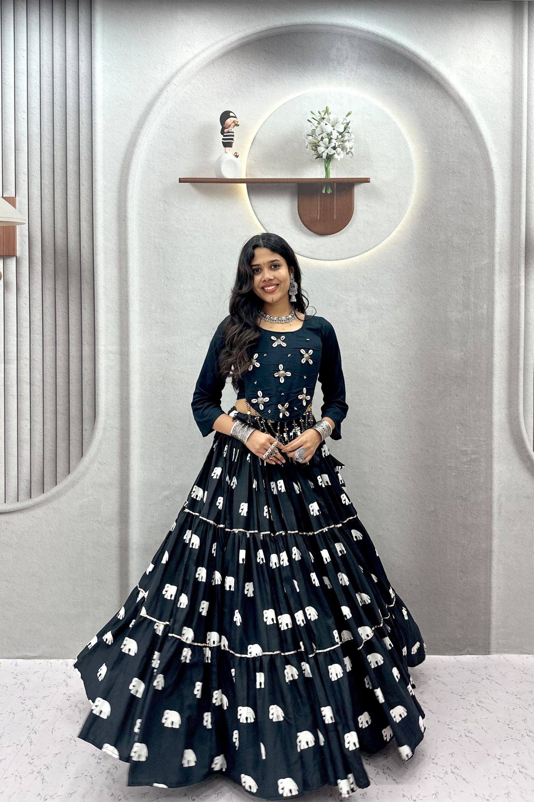 Ram 181 Black Color Pure Cotton Lehenga Choli with Cowrie Work. Festive Deal ₹2649. Delivery 4-6 Working Days. Online Shop now. | Lehenga, Bollywood Lehenga, Creative Lehenga, Designer Lehenga, Embroidered Lehenga, Party Wear Lehenga