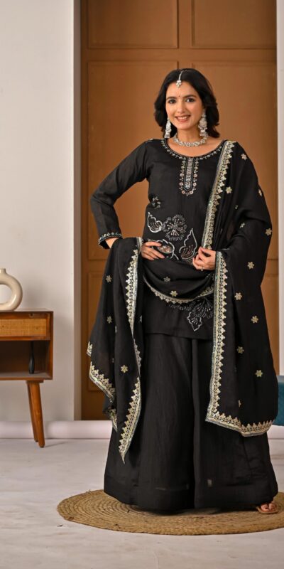 ND 5067 Black Vichitra Silk Salwar Suit with Embroidery Work. Wedding, Party, Festive, Events, Grab it for ₹2399. Delivery 4-6 Working Days. Shop now. | Jump Suits, Salwar suit, Casual Suits, Creative suits, Designer Suits, Palazzo Suits, Party Wear Suits, Patiala Suits, Straight Suits